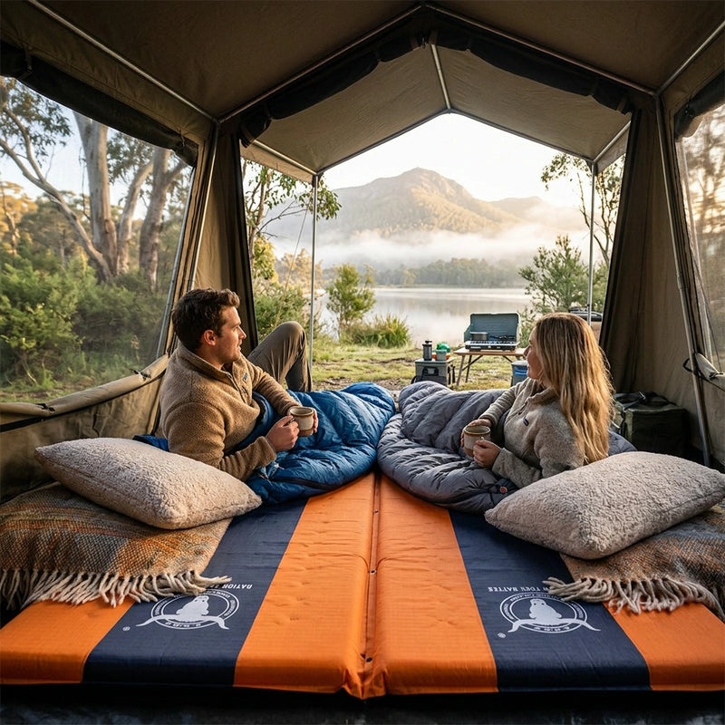 Double Self Inflating Mattress Sleeping Mat Air Bed Camping Camp Hiking Joinable - orange