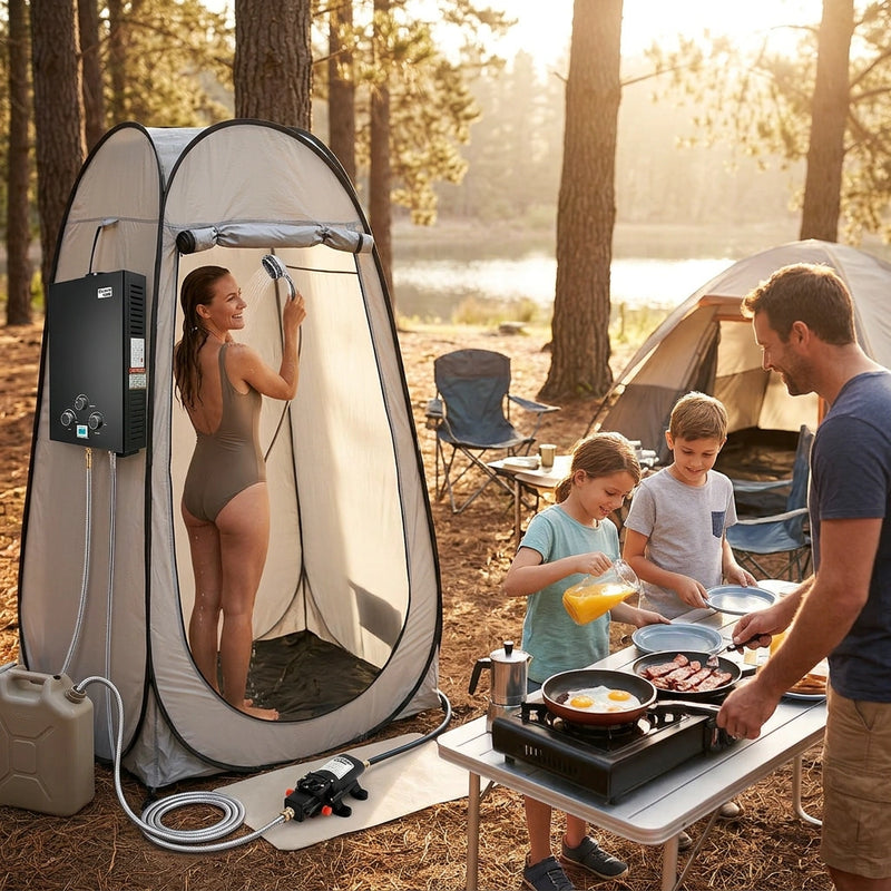 Thermomate Portable Gas Outdoor Camping Hot Water Heater System, with 12V Pump, Shower Head, Black