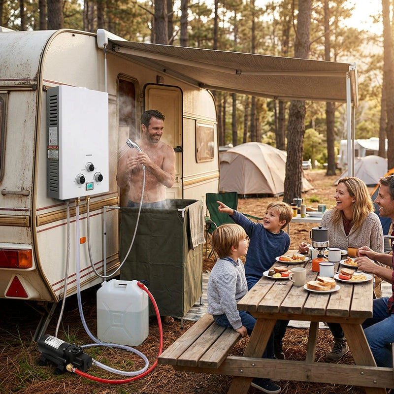Thermomate Portable Gas Outdoor Camping Hot Water Heater System, with 12V Pump, Shower Head, White