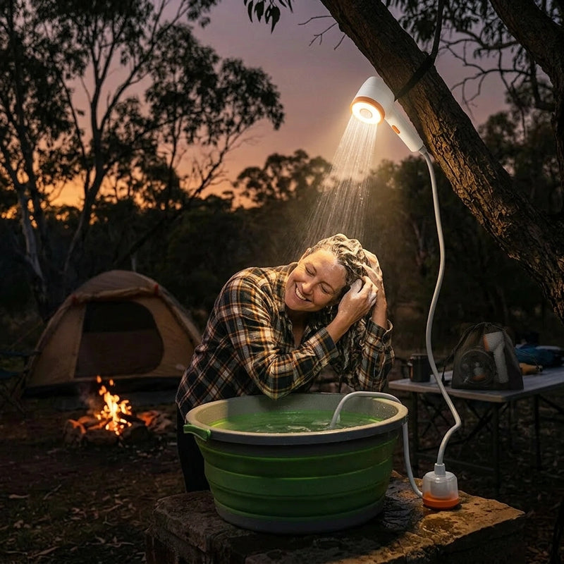 Social Hike Portable Camping Shower Head - Outdoor Rechargeable Pump LED Light