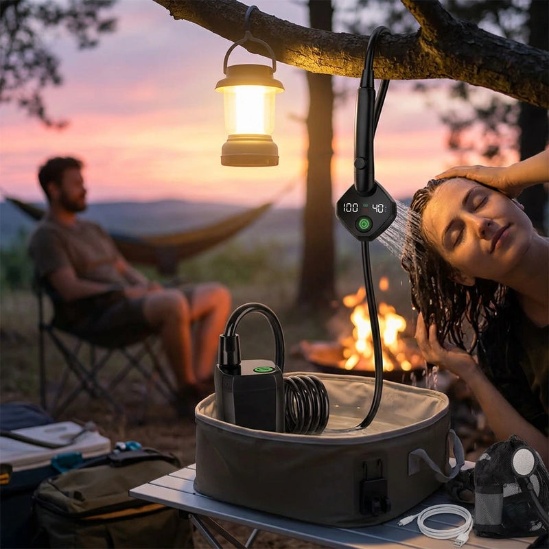 Social Hike Portable Camping Shower Kit - 6000MAh Outdoor Rechargeable Pump LED