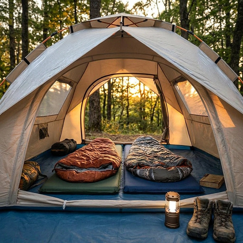 Beige 2 Person Lightweight Camping Tent (200*150*125cm) | UV Protection Silver Coated, Dual Doors & Windows