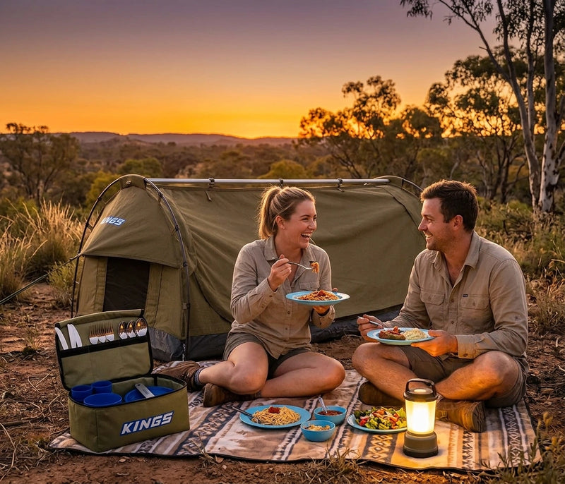 Adventure Kings Single Swag Dome Tent Hiking Outdoor Camping + 37 Piece 6Person Picnic Set