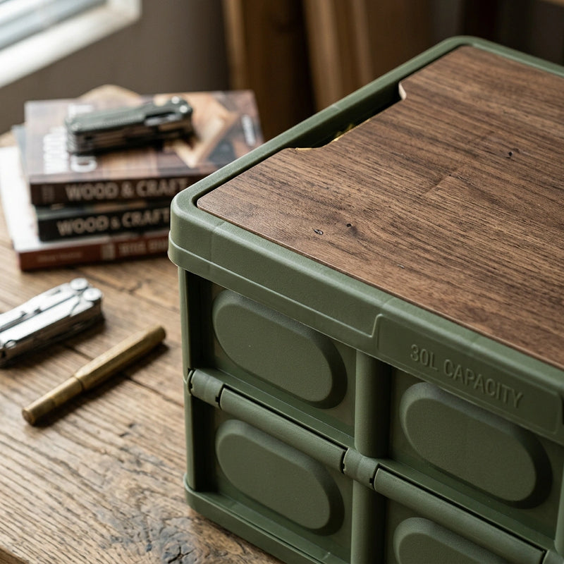 30L Green Foldable Storage Box with Wooden Lid - Multifunctional Car Organizer, Outdoor Folding Storage Container