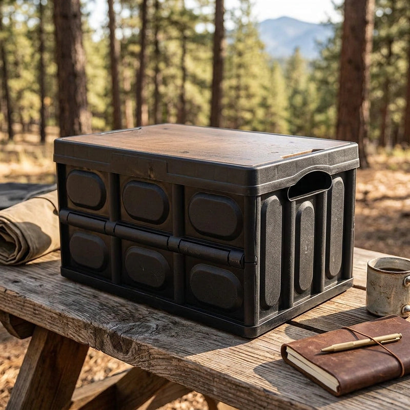 30L Black Foldable Storage Box with Wooden Lid - Multifunctional Car Organizer, Outdoor Folding Storage Container
