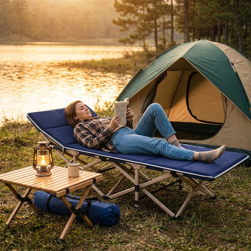 Camping Portable Stretcher Single Foldable Folding Bed Mattress Recliner Mat - navy