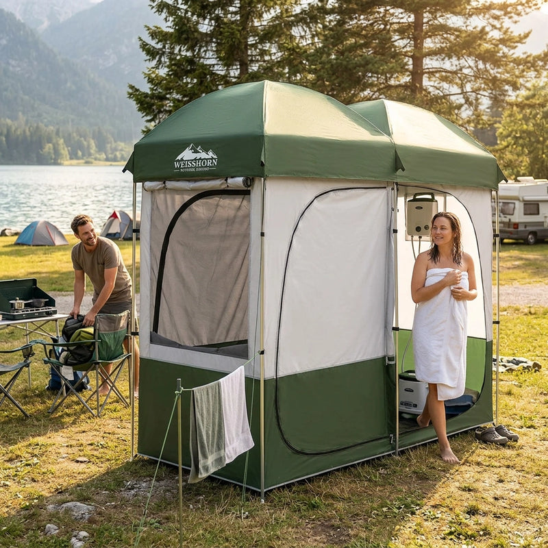 Weisshorn Double Camping Shower & Toilet Tent ‚Äì Portable Outdoor Change Room (Green)