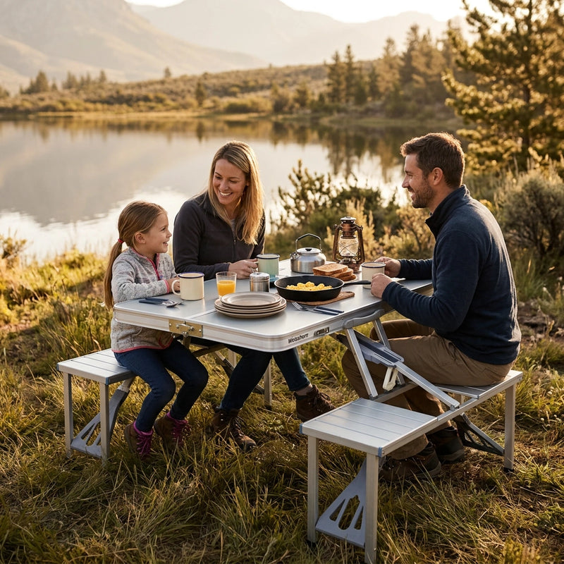 Weisshorn Folding Camping Table Outdoor Picnic BBQ With 2 Bench Chairs Set