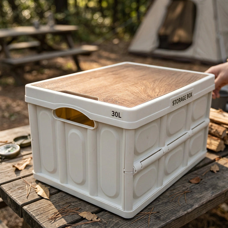 30L White Foldable Storage Box with Wooden Lid - Multifunctional Car Organizer, Outdoor Folding Storage Container