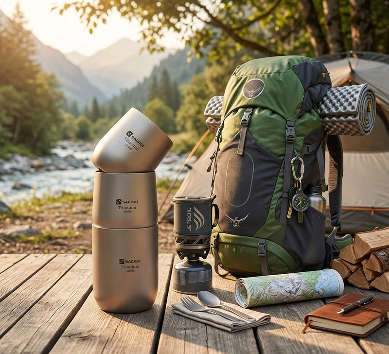 4-Piece Pure Titanium Cup Set Double-Walled, Lightweight, Stackable Outdoor Drinking Cups for Camping, Hiking, Travel and Office Use (Gray)