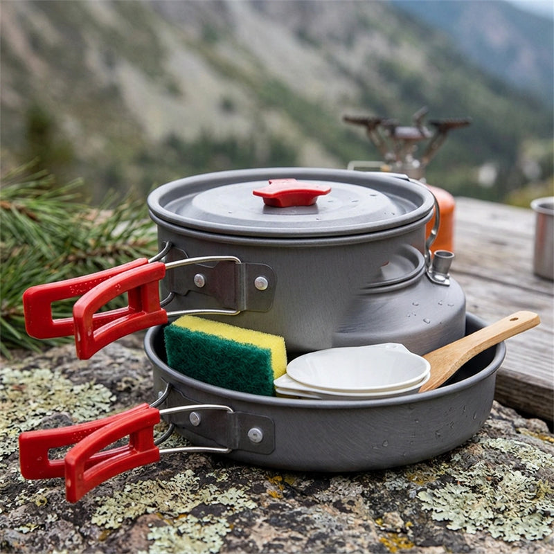 Portable Camping Cookware Set for 3-5 People Aluminum Kettle Pot Frying Pan Mess Kit with Folding Handles for Hiking and Outdoor Use