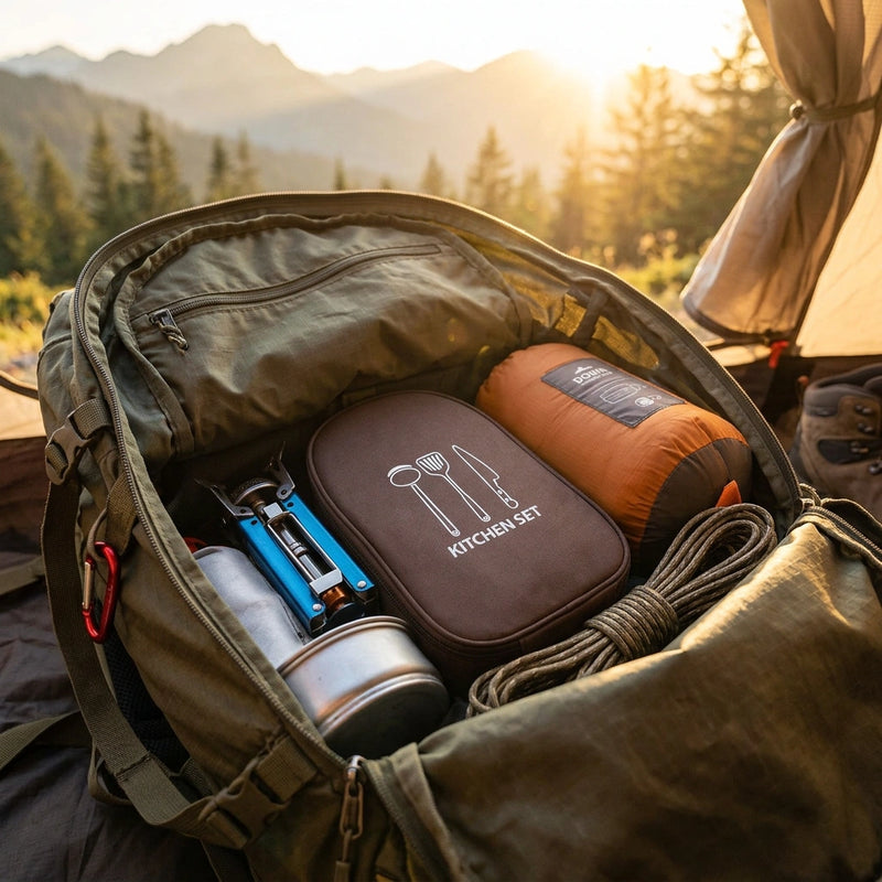 Brown Portable Camping Kitchen Utensil Organizer - Travel Cookware Storage Bag for BBQ & Picnics