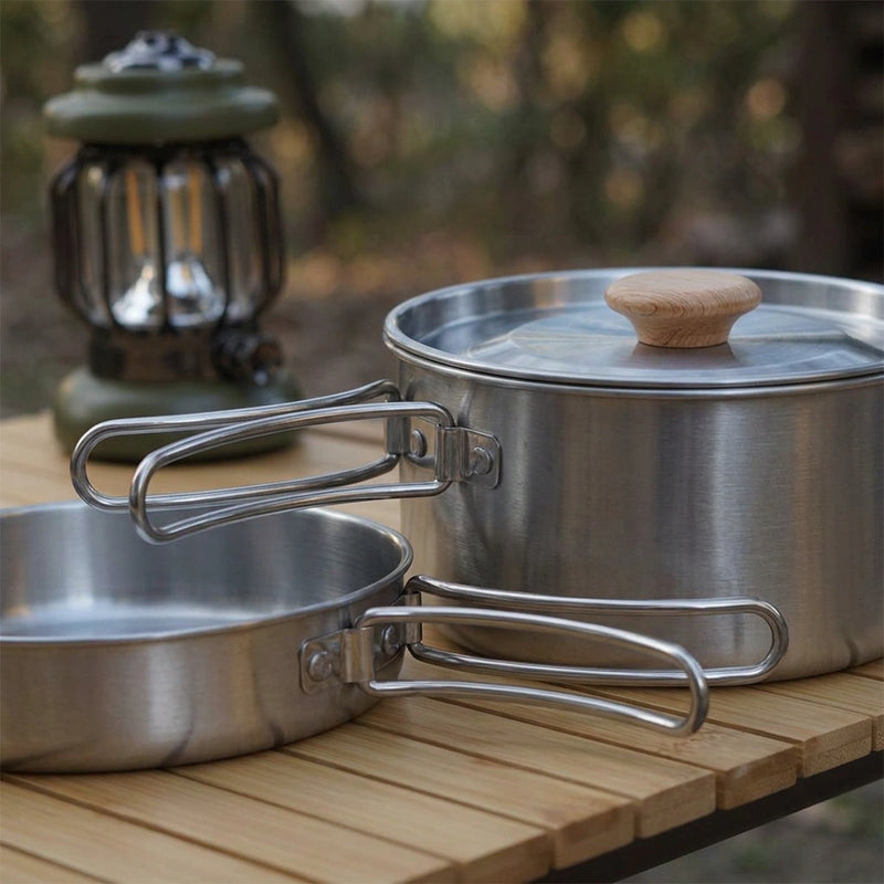 2PCS 304 Stainless Steel Camping Pot and Pan Set With Folding Handles Outdoor