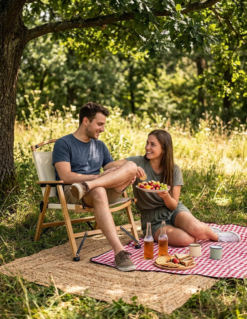 Bamboo Canvas Foldable Outdoor Camping Chair Wooden Travel Picnic Park - Khaki/Beige