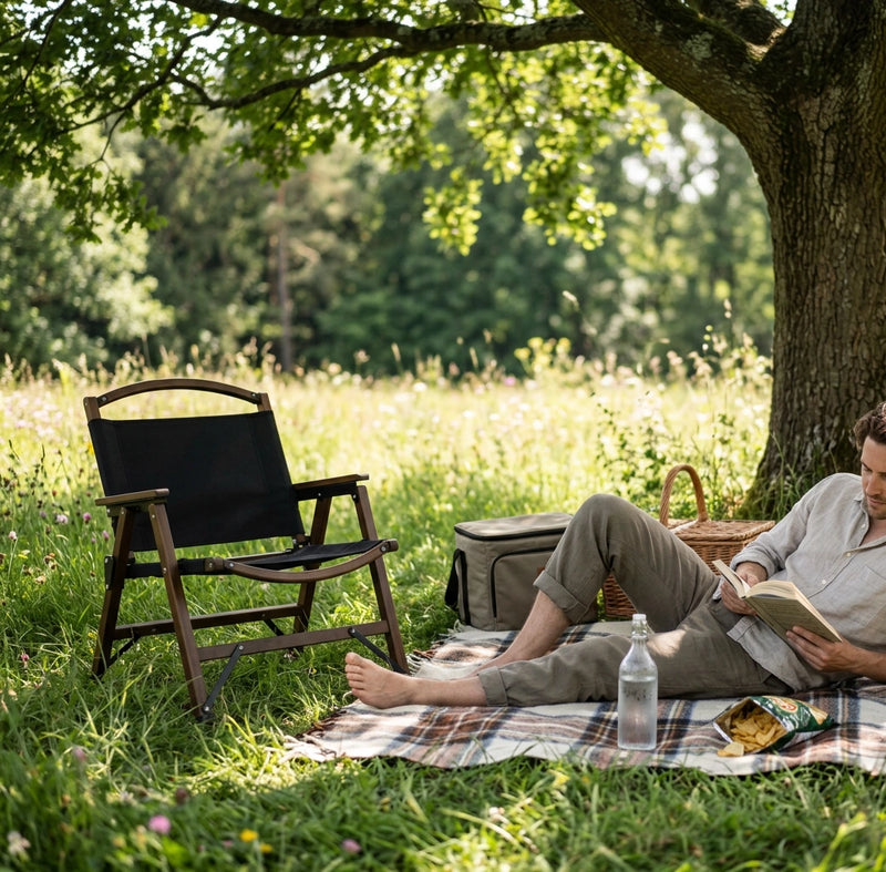 Bamboo Canvas Foldable Outdoor Camping Chair Wooden Travel Picnic Park - Black