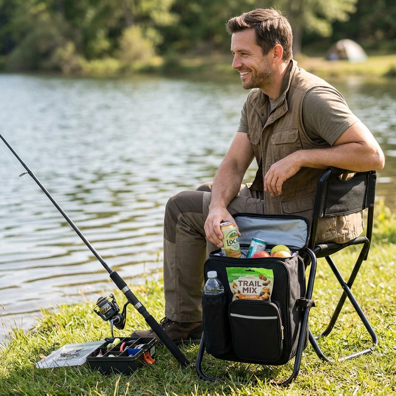 Portable Folding Backpack Chair Camping Stool Cooler Bag Rucksack Beach Fishing 150kg load Black