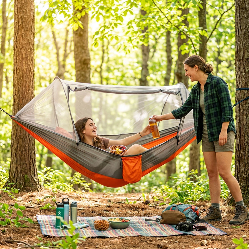 Red Outdoor Camping Hammock with Mosquito Net, Anti-Tip Nylon Fabric, Single/Double Person Quick-Setup Hammock