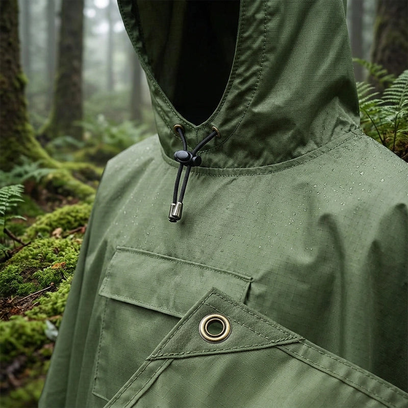 Green Portable Outdoor Camping Poncho - Can be used as Raincoat, Tarp, Ground Cover