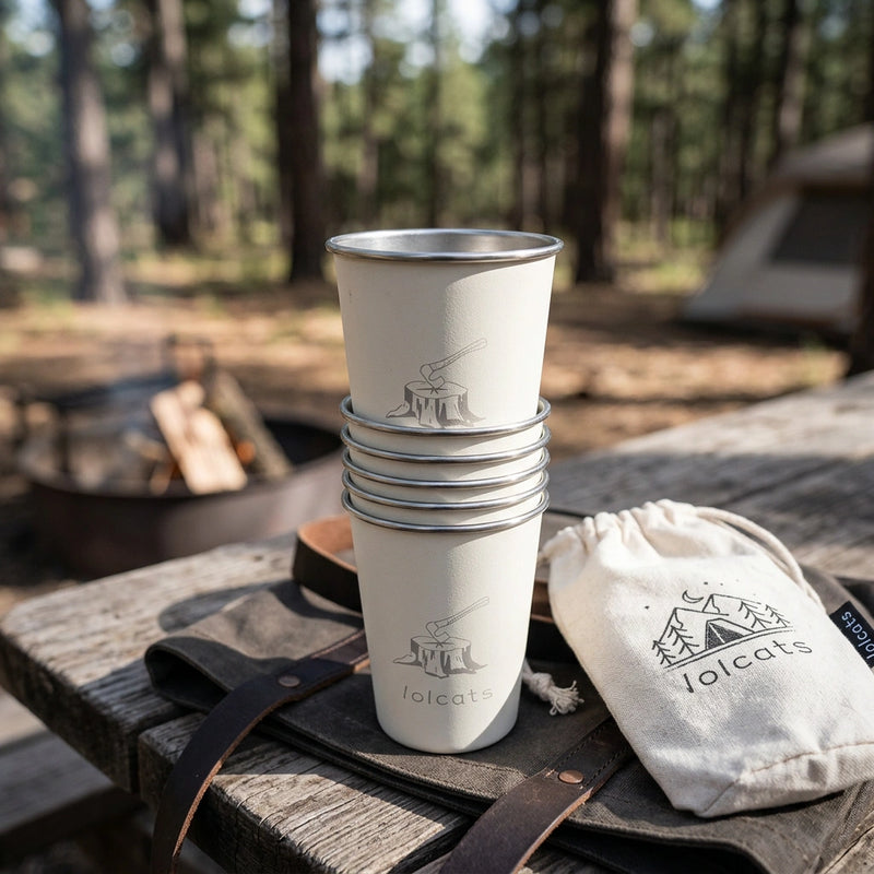White 304 Stainless Steel Camping Cup - 350ml Outdoor Drinkware(Set of 4 with Bag)