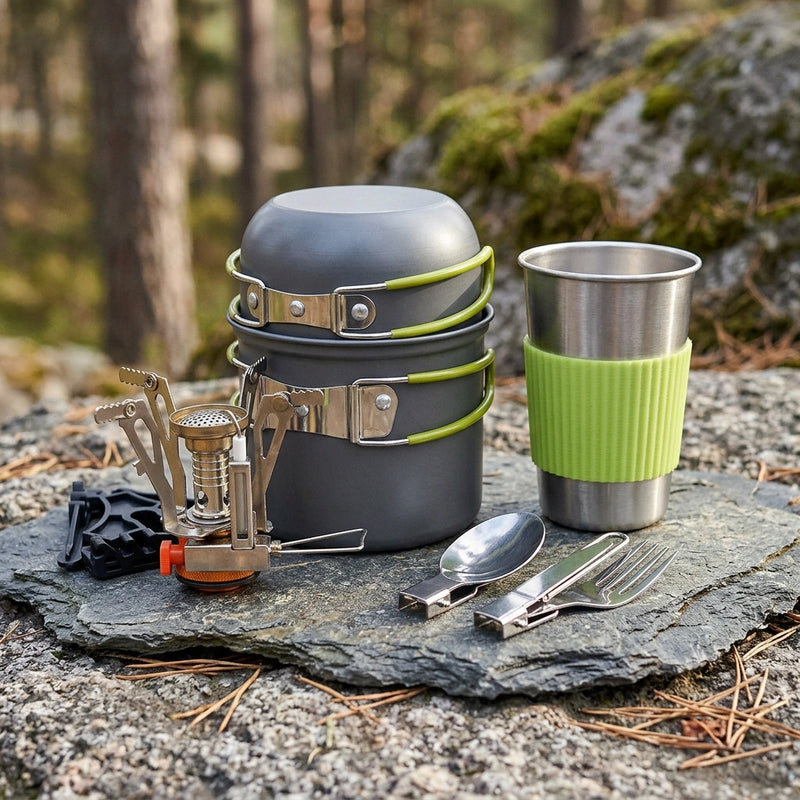 Complete Camping Cookware Set - Portable Pots, Cup, Spork, and Stove for Outdoor Adventures