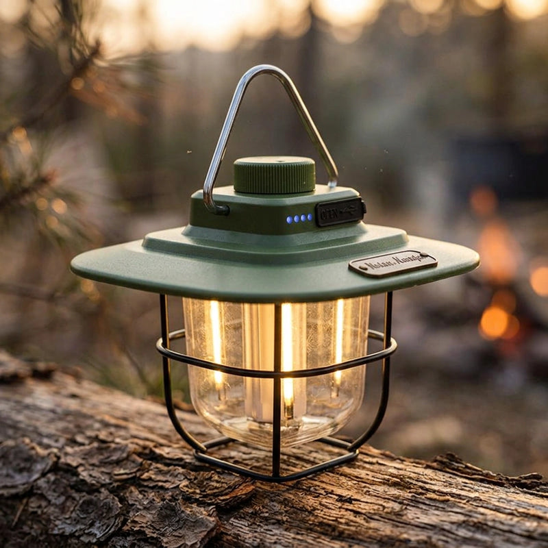 Green Vintage LED Camping Lantern - Rechargeable, Stepless Dimming, Power Bank