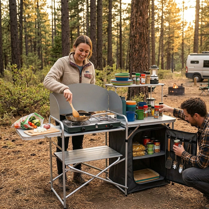 Aluminium Foldable Camping Cooking Kitchen Picnic Cupboard Bench Table Windshield