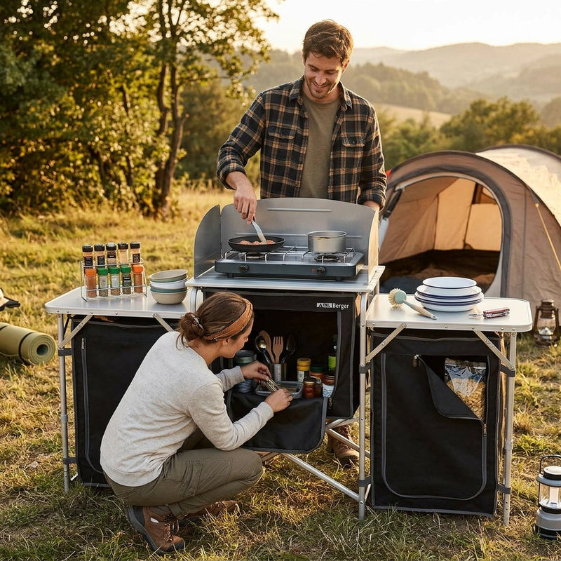 Deluxe Aluminium Foldable Camping Kitchen Picnic Cupboard Bench Table Windshield