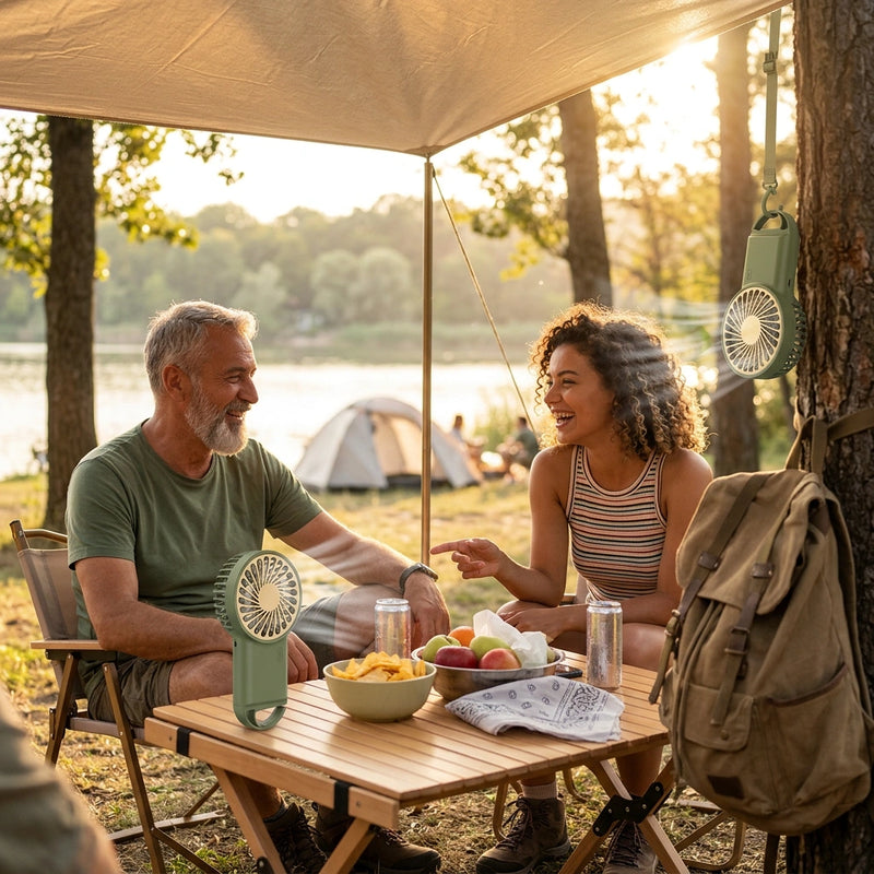 2-PCS Green New Portable Handheld Air Cooler Fan - Foldable Desktop USB Rechargeable Mini Fan with Climbing Buckle