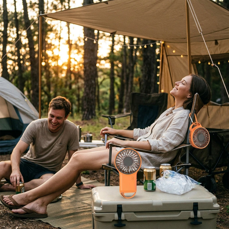 2-PCS Orange New Portable Handheld Air Cooler Fan - Foldable Desktop USB Rechargeable Mini Fan with Climbing Buckle