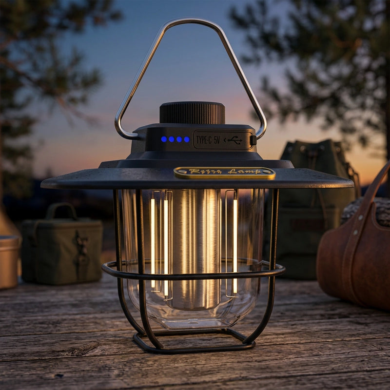 Black Vintage LED Camping Lantern - Rechargeable, Stepless Dimming, Power Bank