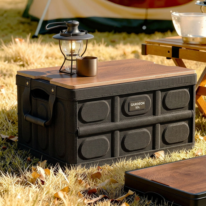 Gardeon Collapsible Outdoor Storage Box 50L Stackable Folding Camping Organizer Plywood Lid Black