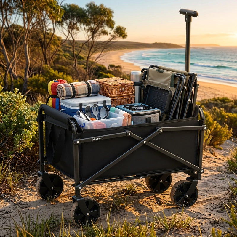 Gardeon Garden Cart Folding Trolley Camping Wagon Barrow Outdoor Beach Black