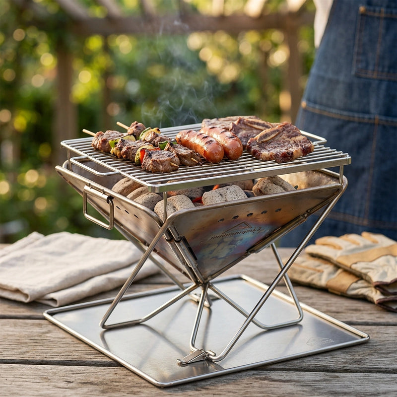 Portable Stainless Steel Camping BBQ Grill Foldable Charcoal Barbecue