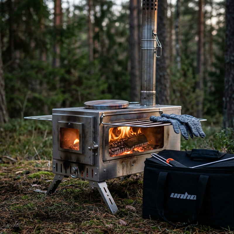 Stainless Steel Wood Burner Stove for Camping w/ Chimney & Bag