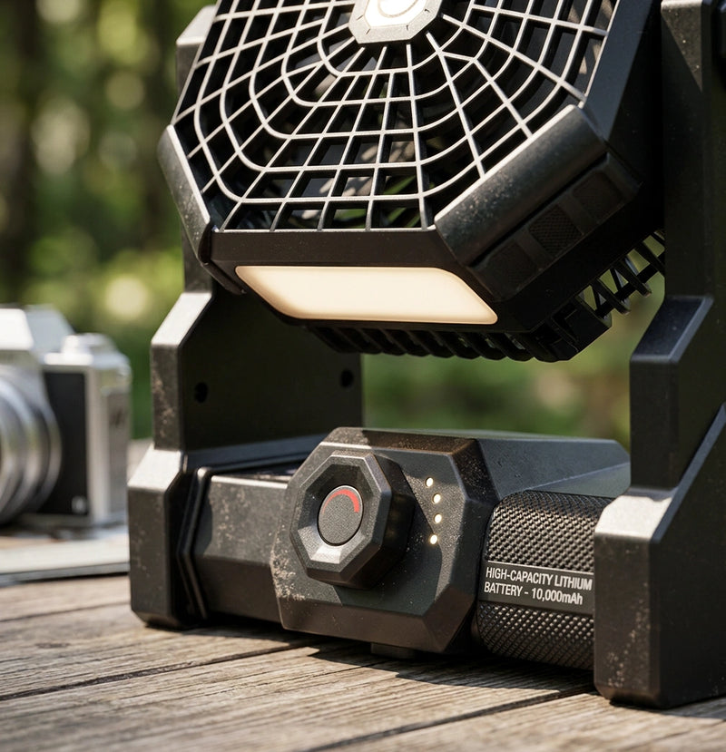 Black Portable USB Camping Fan with 7800mAh Battery and 3-Mode LED Lighting