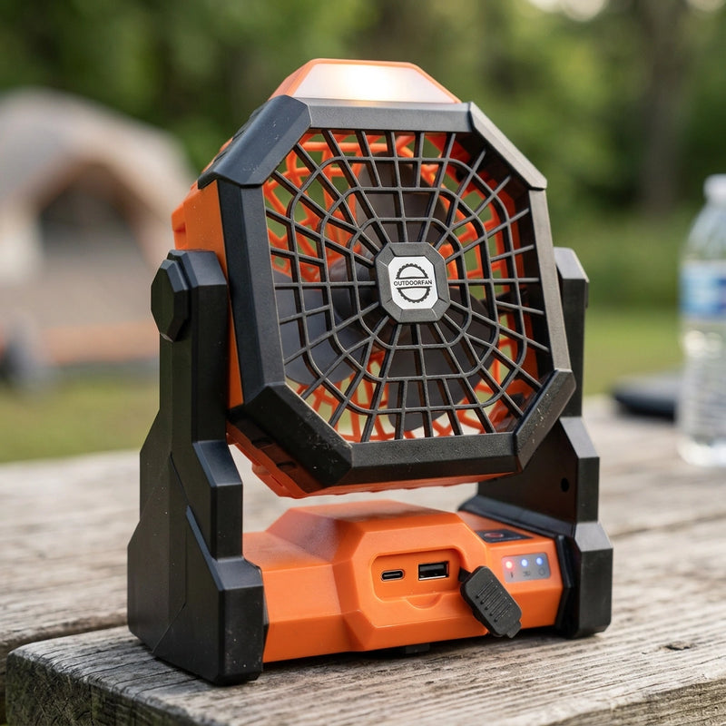 Black-orange Portable USB Camping Fan with 7800mAh Battery and 3-Mode LED Lighting