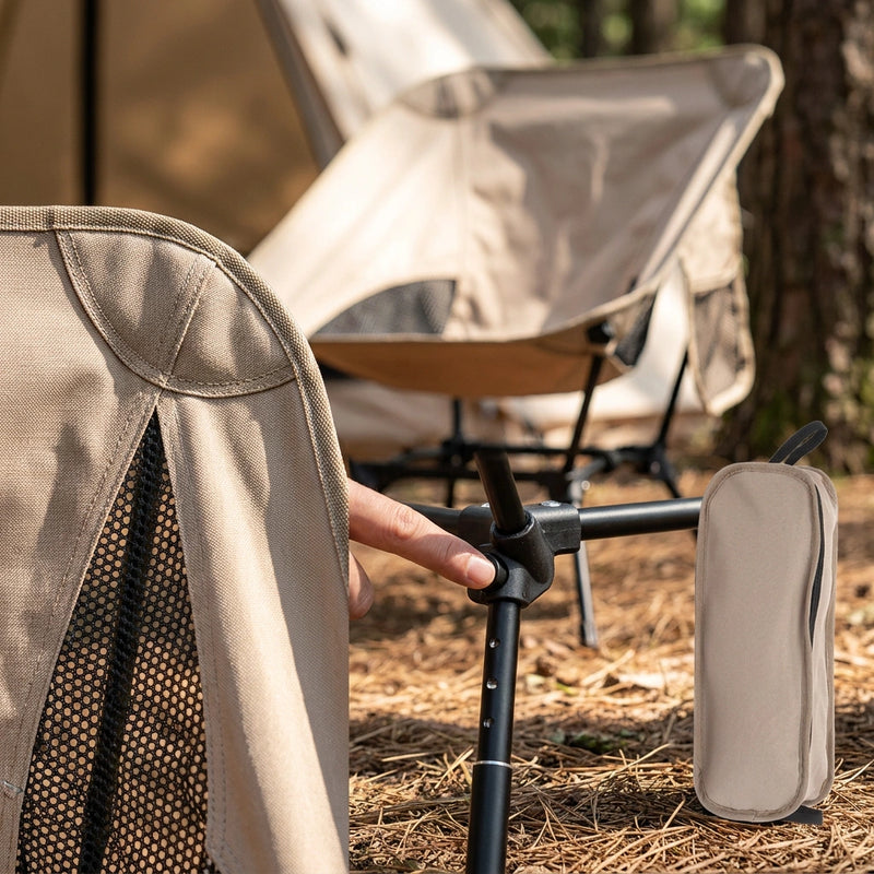 Khaki Lightweight Portable Camping Chair - Adjustable Height Folding Moon Chair with Breathable Mesh & Carry Bag for Outdoor, Beach, Fishing