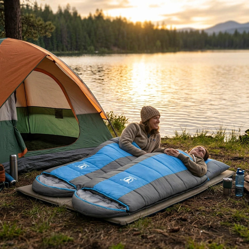 Double Camping Envelope Twin Sleeping Bag Thermal Tent Hiking Winter -15C - blue