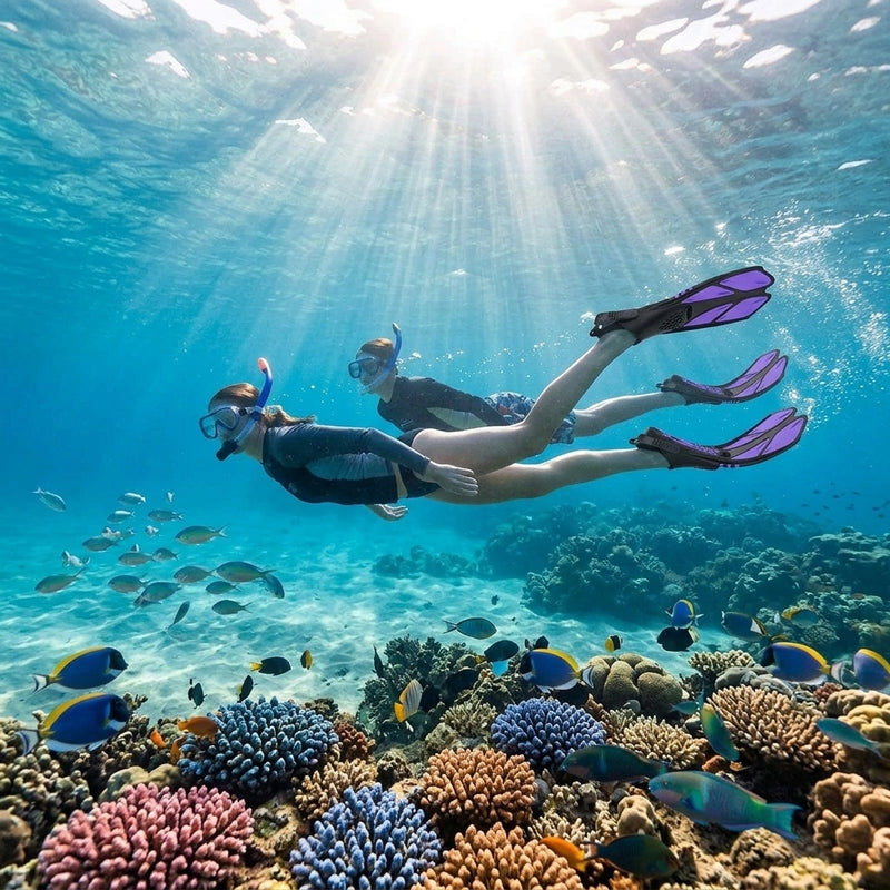 Purple Adjustable Open Heel Snorkel Fins, Travel-Size Short Swim Flippers for Snorkeling, Diving & Swimming, Adult Men & Women L/XL