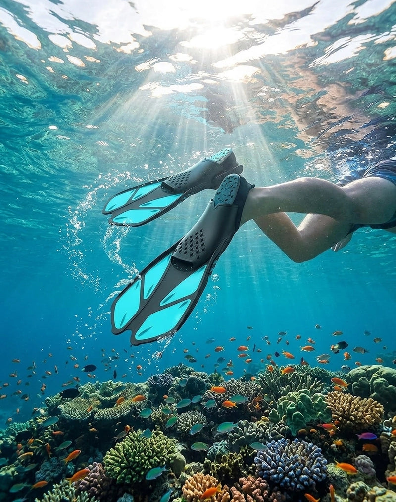 Green Adjustable Open Heel Snorkel Fins, Travel-Size Short Swim Flippers for Snorkeling, Diving & Swimming, Adult Men & Women L/XL