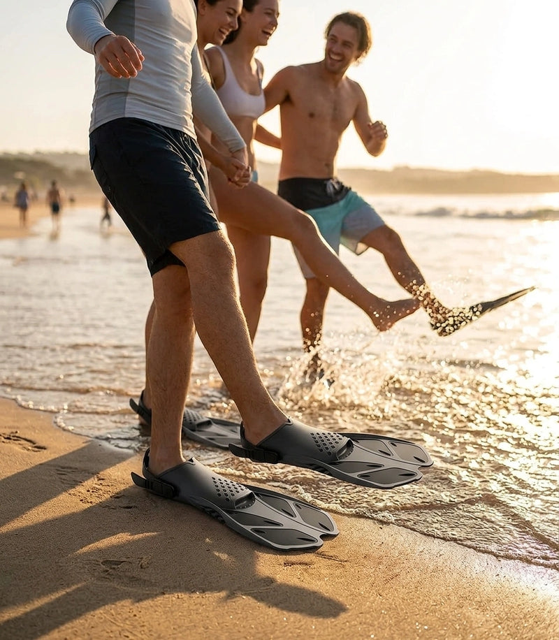 Gray Adjustable Open Heel Snorkel Fins, Travel-Size Short Swim Flippers for Snorkeling, Diving & Swimming, Adult Men & Women L/XL