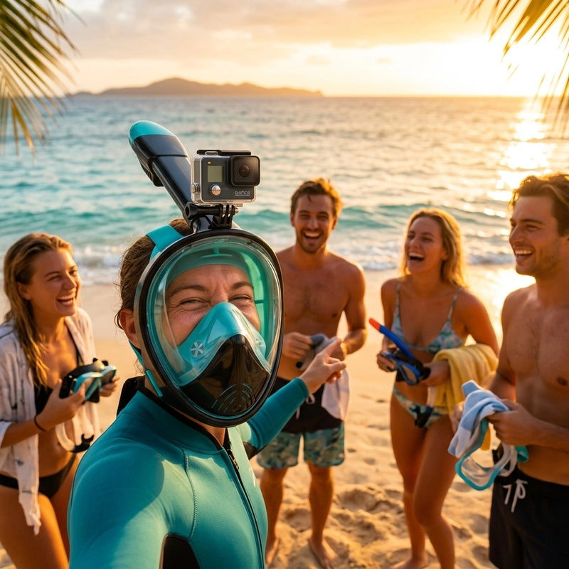 L/XL full-face silicone snorkeling mask, full-dry panoramic snorkeling mirror, camera bracket, large frame anti-leakage and anti-fog swimming mirror set, suitable for adults.